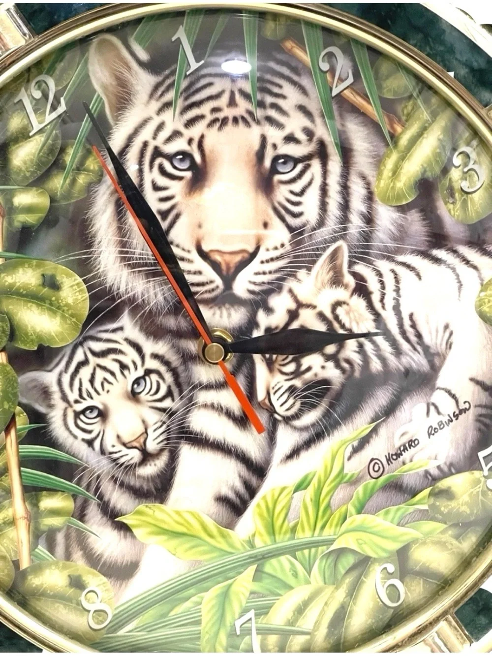 Vintage White Tigers Wall Clock 11.5” Signed By Howard Robinson Works Perfectly